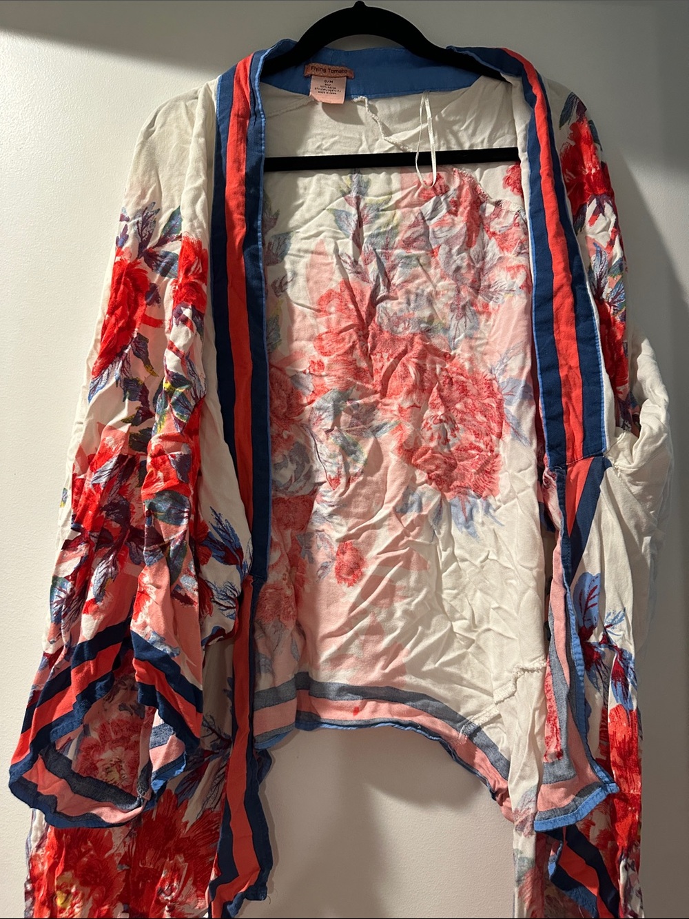 Floral Open-Front Kimono with Blue and Coral Trim